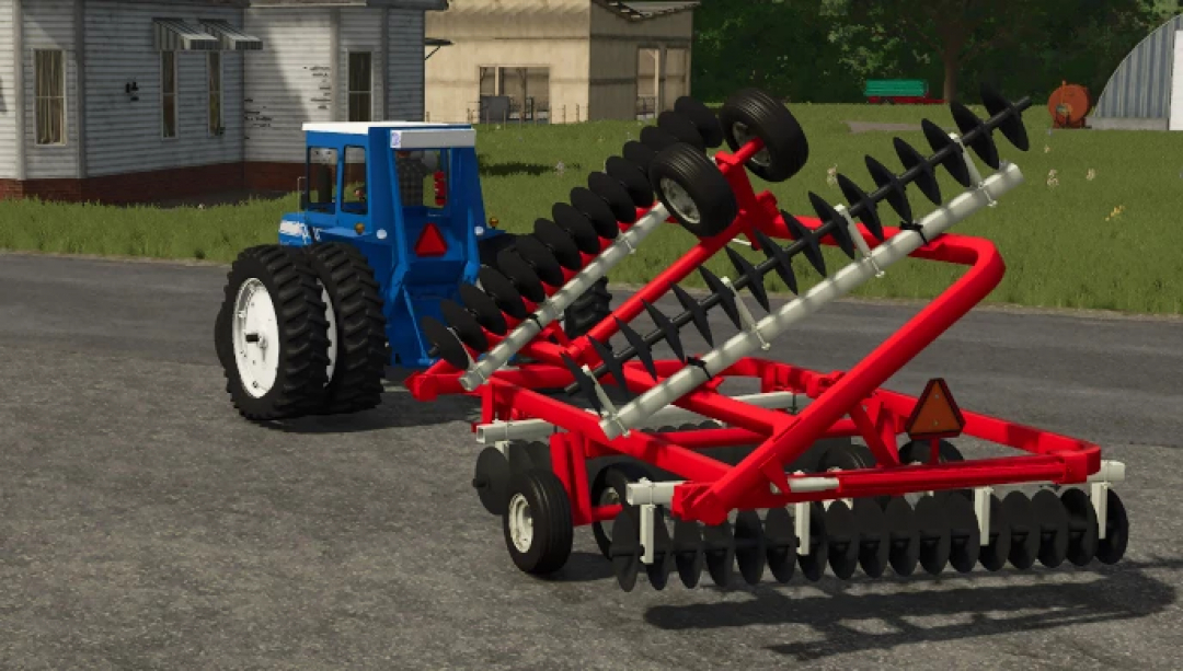 Farming Simulator 25 mods: FS25 IH Disc v1.0.0.0, a red and silver disc cultivator attached to a blue tractor in an agricultural field.