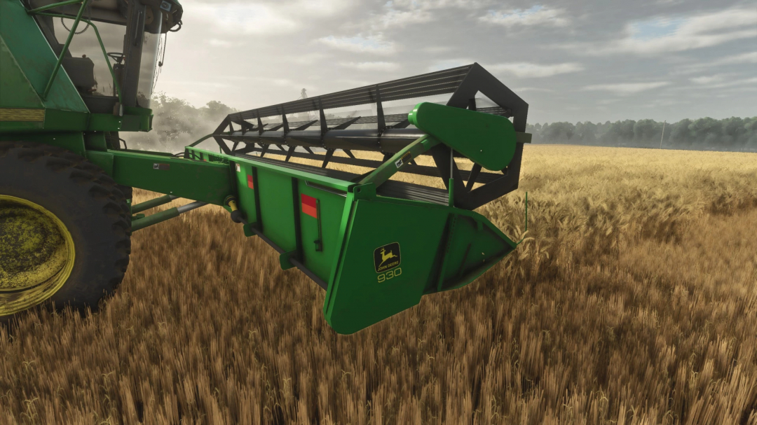 Farming Simulator 25 mod featuring a green John Deere 930 header attachment on a tractor in a wheat field.