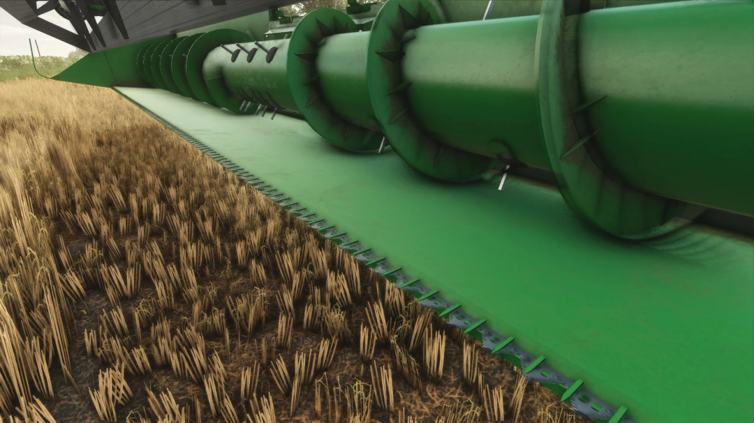 Close-up of a John Deere 930 header cutter reel from FS25 mods on a wheat field in Farming Simulator 25.