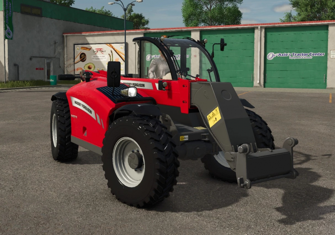 FS25 Massey Ferguson 9407 S tractor mod from Farming Simulator 25, with front loader attachment on a parking lot.