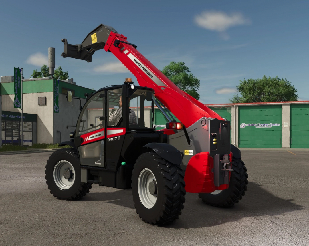 FS25 Massey Ferguson 9407 S telehandler in Farming Simulator 25, parked outside a building with green doors, perfect for farming mods.