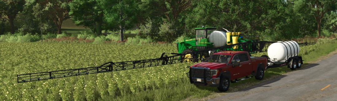 Farming Simulator 25 mods: FS25 Nurse Trailer v1.0.0.0 attached to a red pickup truck near a field with spraying equipment.
