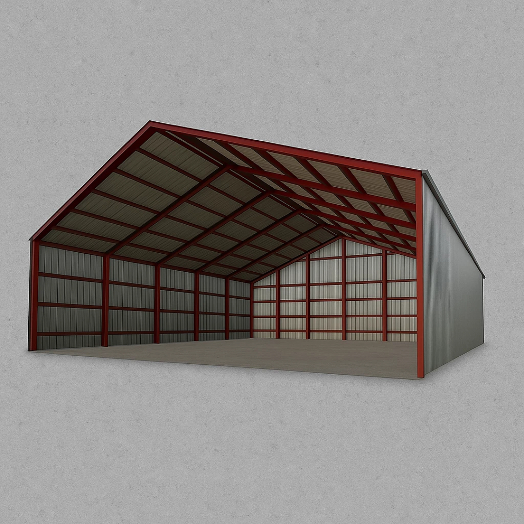 FS25 Open Storage Shed mod in Farming Simulator 25, featuring a large red and gray metal structure for storing equipment.