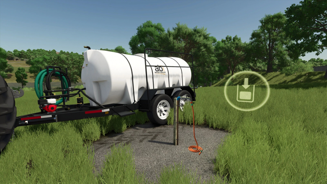 Farming Simulator 25 mod showing a water trailer with faucet and water tank set, used for watering crops in FS25.