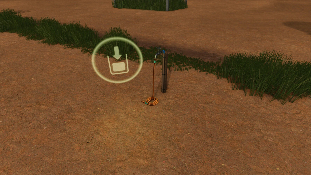 Farming Simulator 25 mod: Water faucet and water tank set with water hose on dirt ground. Used for irrigation in FS25.
