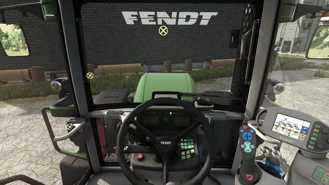 Inside view of a Fendt tractor cockpit with digital controls, steering wheel, and dashboard in Farming Simulator 25, showcasing the Fendt 900 TMS Vario mod.