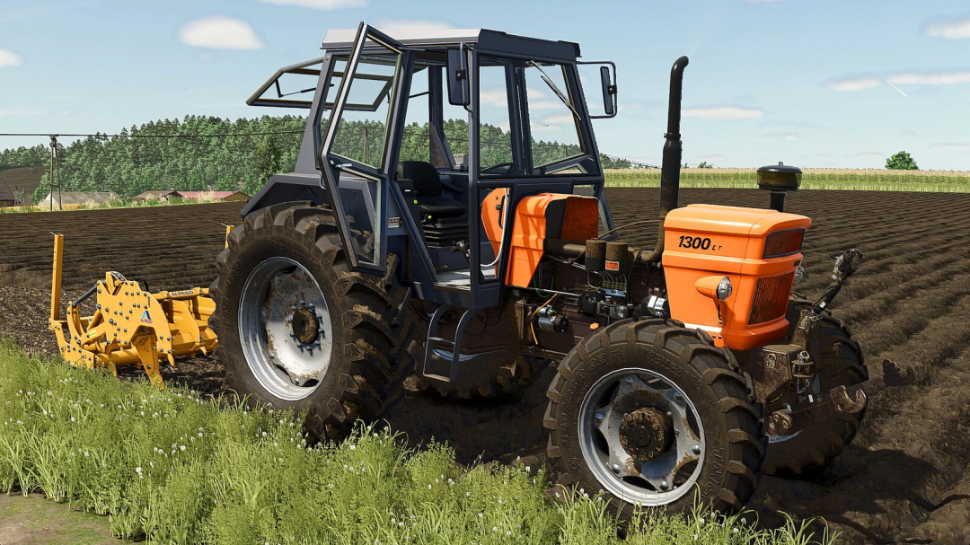 Farming Simulator 25 mod featuring an orange Fiat 1300DT tractor with a yellow cultivator attachment working in a field.