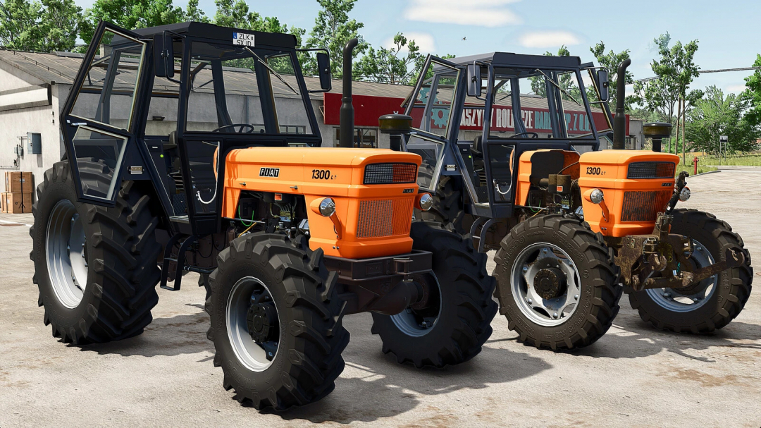 Two Fiat 1300DT tractors from FS25 mods in Farming Simulator 25, parked outdoors with open cabin doors, in a farming environment.