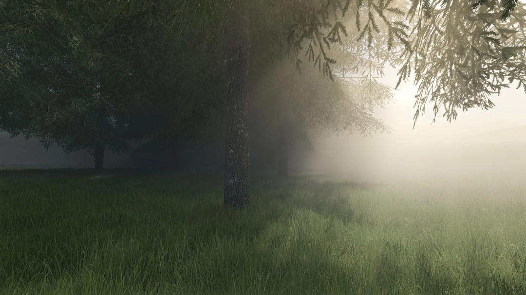 Dense fog in a forest scene, illustrating the Fog Control v1.1.1.0 mod for Farming Simulator 25 to improve visibility.