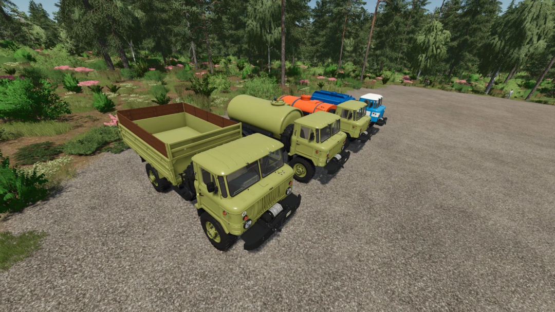 Lineup of vintage military trucks with water and fuel tanks, part of FS25 mods for Farming Simulator 25.