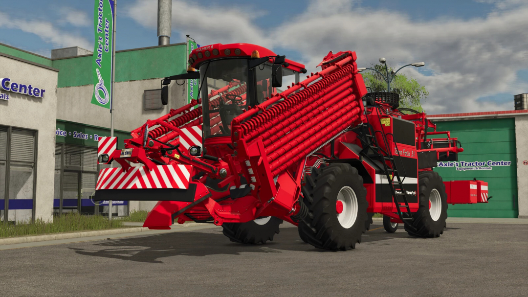 Farming Simulator 25 mod: Holmer Terra Felis 3 Evo agricultural machinery parked outside Axle's Tractor Center.