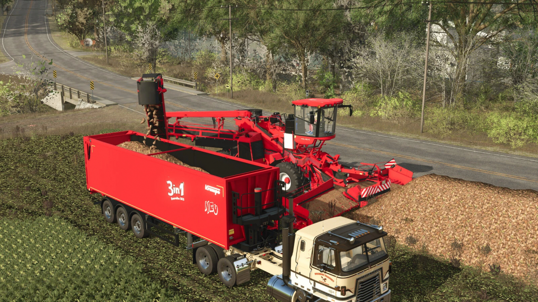 Farming Simulator 25 mod: Holmer Terra Felis 3 Evo harvesting crops with a large red combine harvester on a farm field.