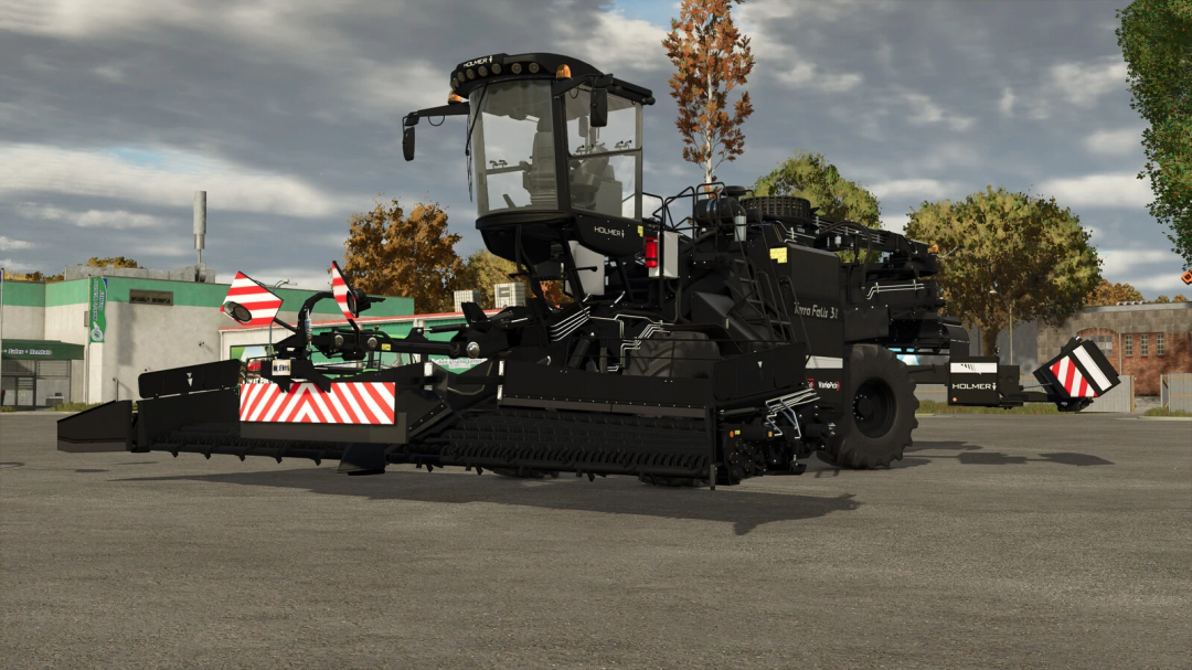 Farming Simulator 25 mod: Holmer Terra Felis 3 Evo with detailed black and white design, large tires, and equipment in an urban environment.