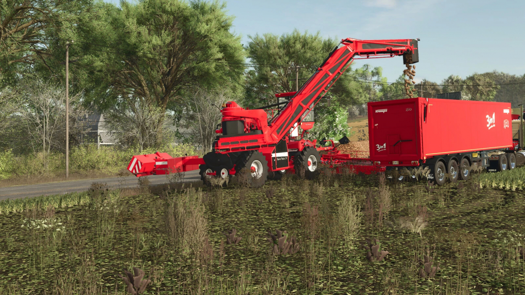 Red farming equipment with a crane and trailer, used in Farming Simulator 25 mods, performing land clearing near a pond with plants and trees.