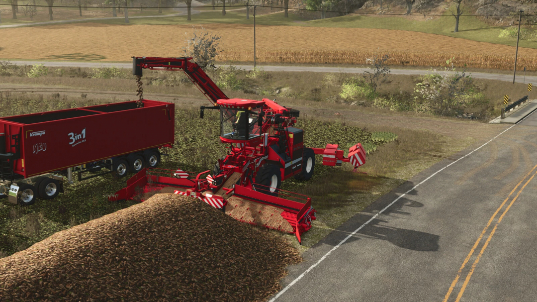 Farming Simulator 25 mod: Red Holmer Terra Felis 3 Evo harvesting soil with equipment parked on a rural road.