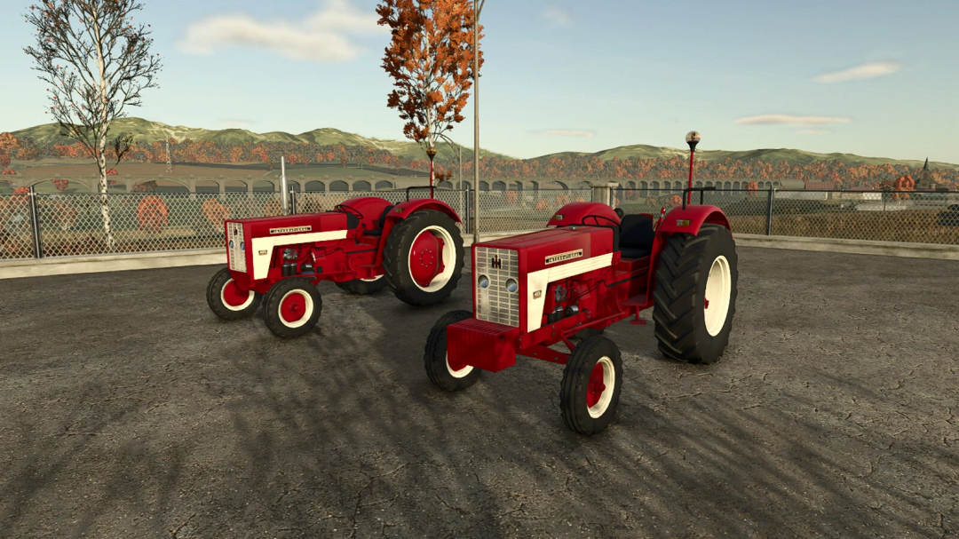 Farming Simulator 25 mods featuring two vintage IH MC Cormick 423 tractors parked outdoors.