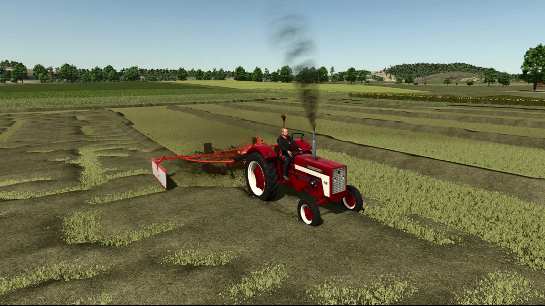 Farming Simulator 25 mod featuring a red IH MC Cormick 423 tractor in a field, with smoke coming from the exhaust pipe, for FS25 mods.