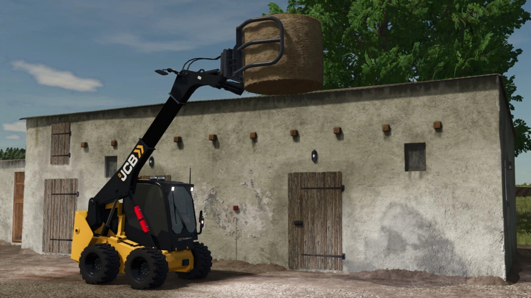 Farming Simulator 25 mod: JCB Teleskid v1.0.0.0 lifting hay bale near a barn.