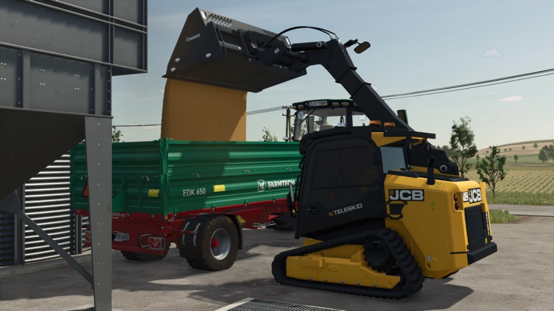 Farming Simulator 25 mod featuring a JCB Teleskid skid-steer loader loading grain into a trailer.
