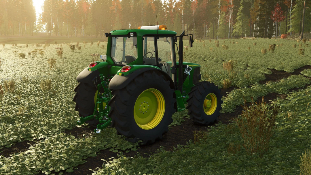 Farming Simulator 25 mod featuring a John Deere 6020 Premium 4-cylinder tractor in a lush field during sunset.