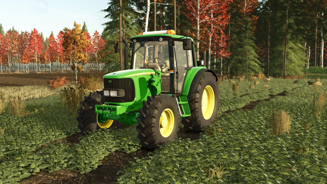 Farming Simulator 25 mod: John Deere 6020 Premium 4cyl tractor in a farm field with autumn trees, part of FS25 mods.