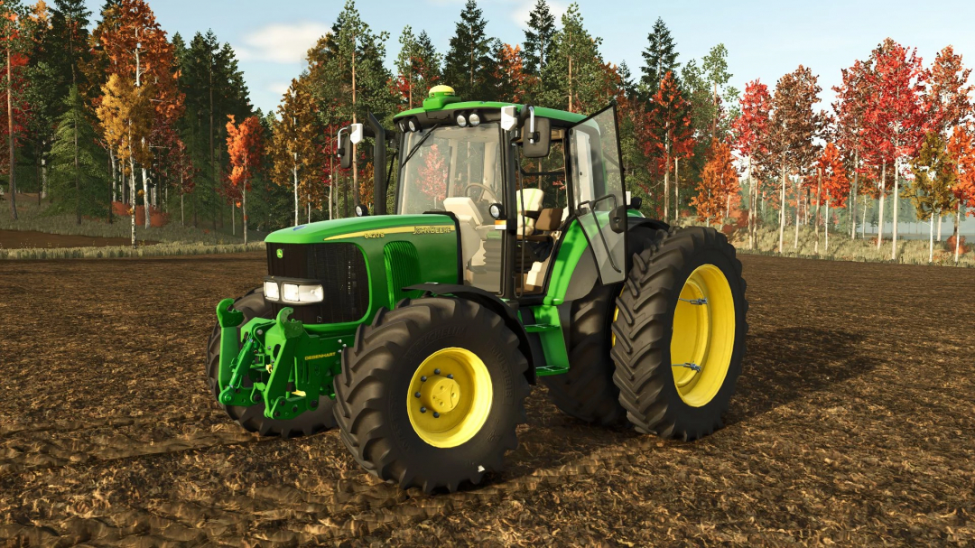 Farming Simulator 25 mod: John Deere 6020 Premium 4cyl tractor on a farm field with fall trees in the background.