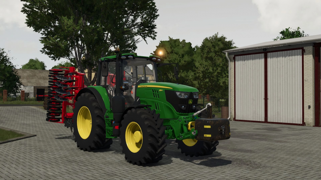 Farming Simulator 25 mod: John Deere 6155M MY2020 tractor with attached farming equipment parked outside on a farmyard.