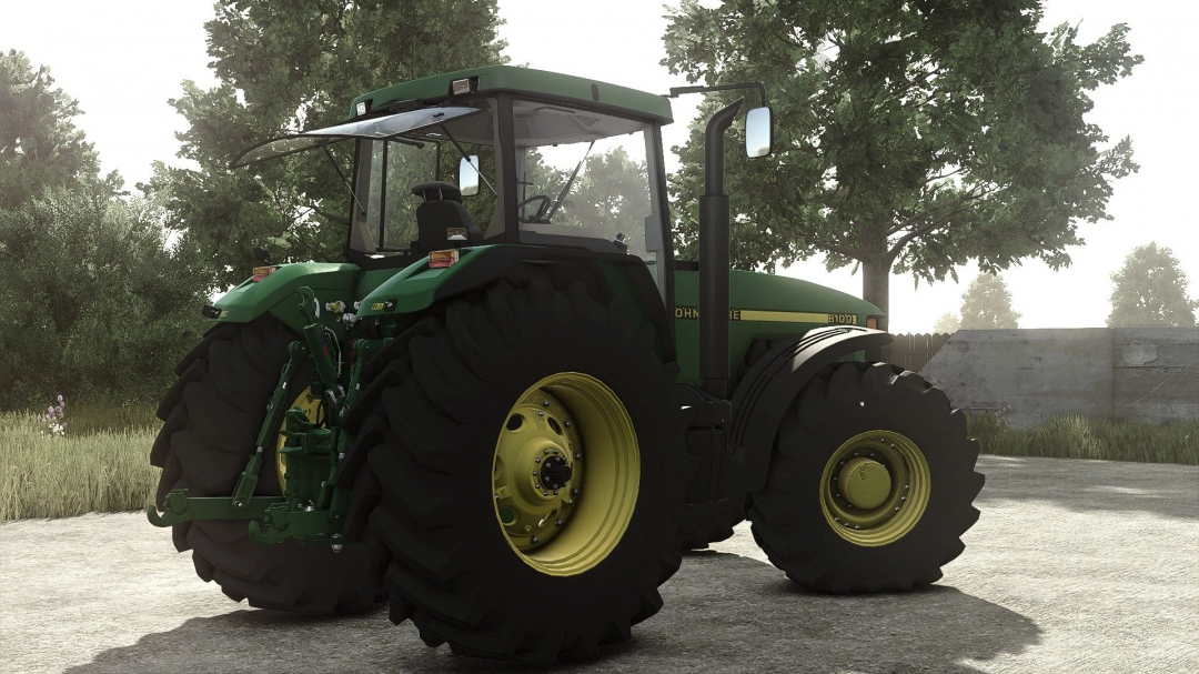 John Deere 8000 Series tractor in Farming Simulator 25, showcasing realistic mod details with large tires and detailed bodywork.