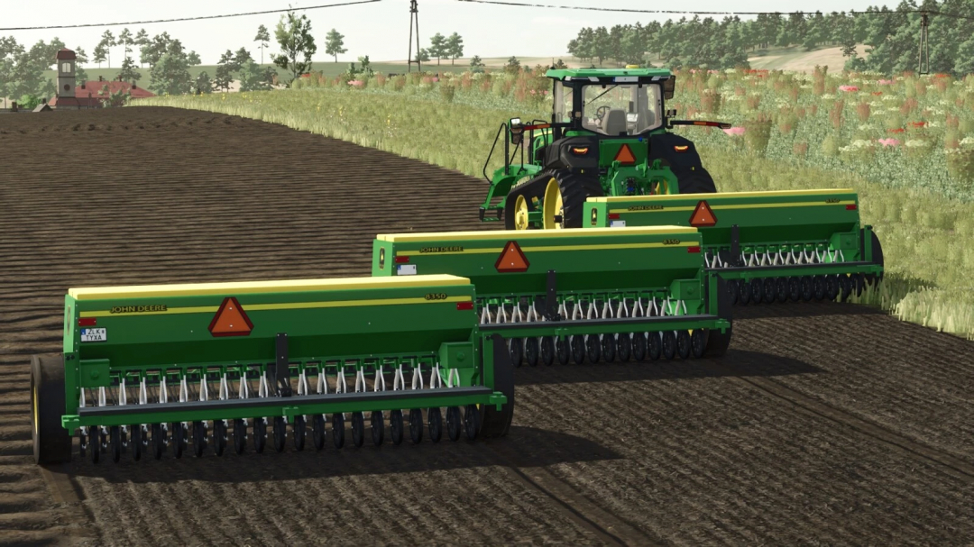 Farming Simulator 25 mod: John Deere 8350 tractor with dual seeders working on a field.