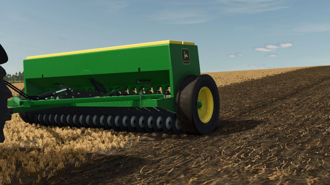 Farming Simulator 25 mod: John Deere 8350 v1.0.0.0 tractor with seed drill on farmland.