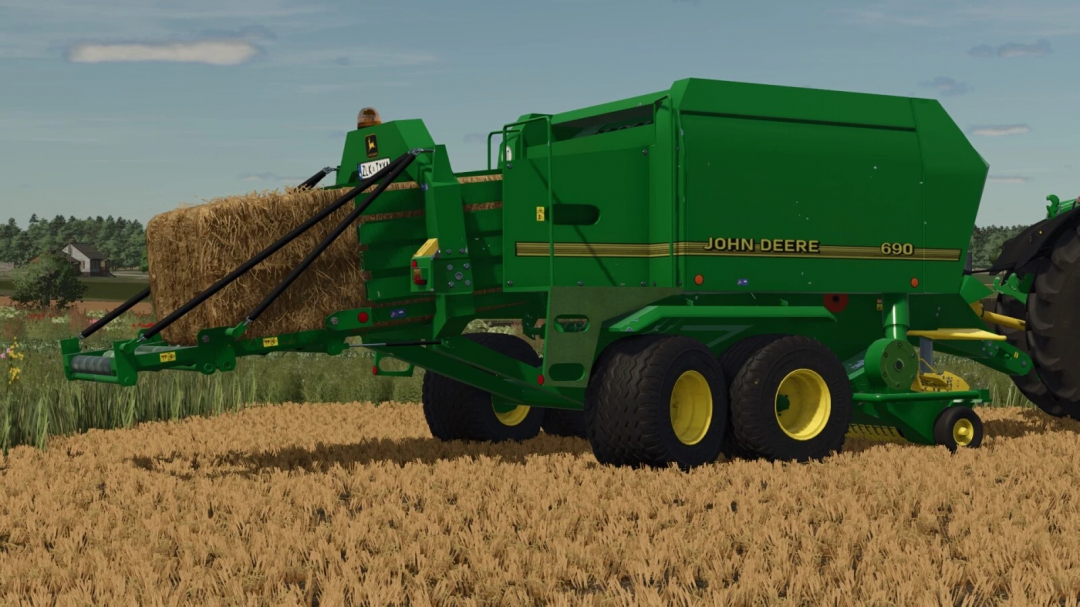 Farming Simulator 25 mod: John Deere 690 baler in a wheat field, showcasing realistic agricultural equipment.