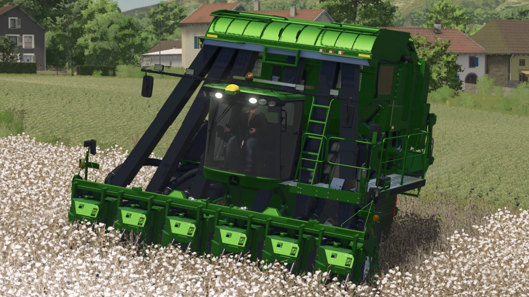 Farming Simulator 25 mod: John Deere CP690 Edit v1.0.0.0 harvesting cotton in a field during daytime.