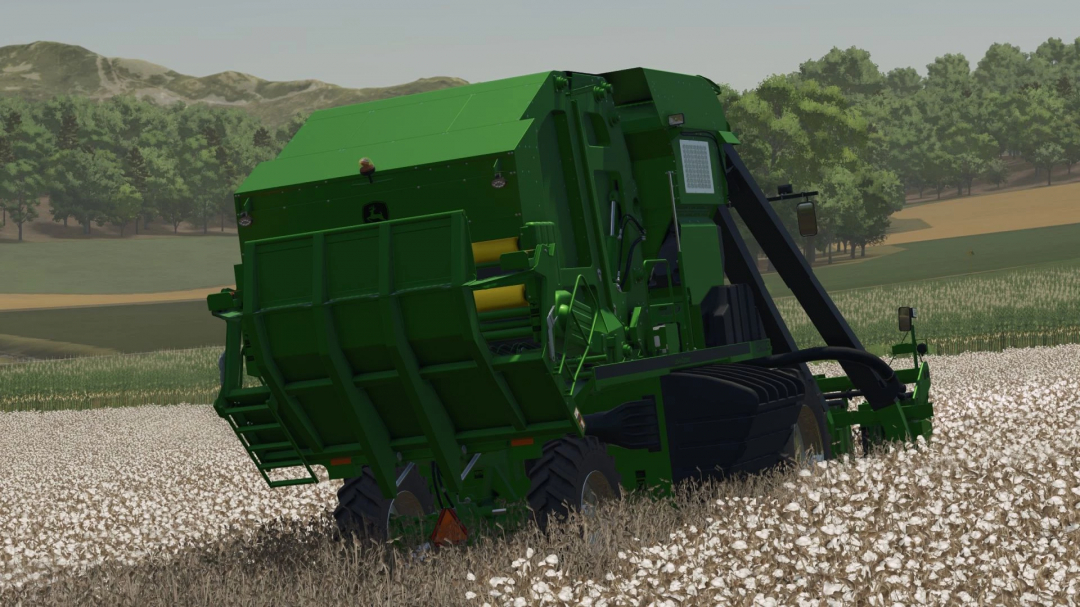 Farming Simulator 25 mod featuring a green John Deere CP690 Edit v1.0.0.0 cotton picker working in a cotton field.