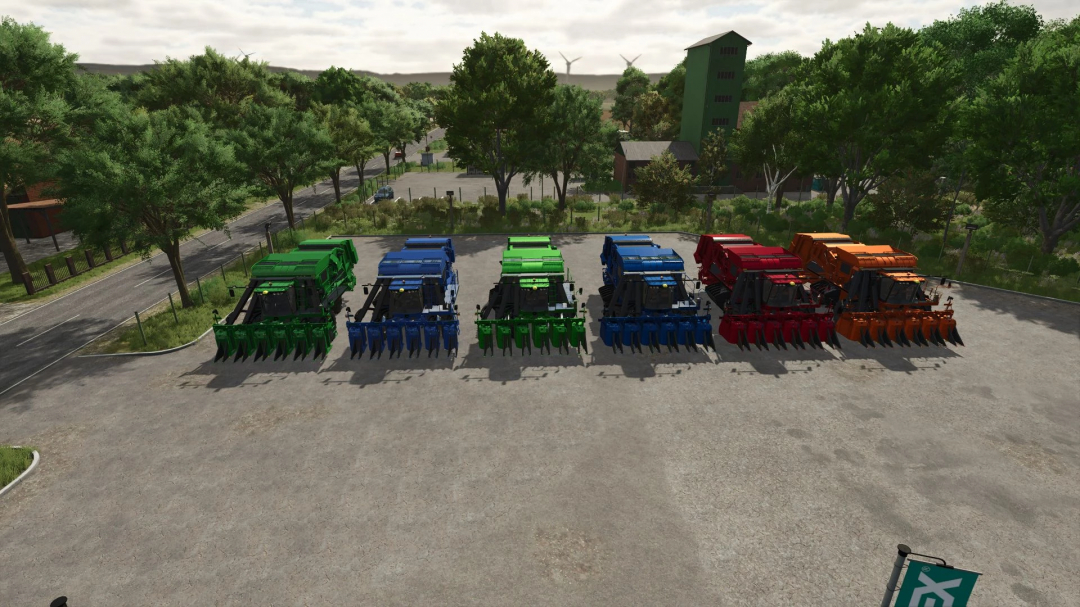 Colorful farming equipment parked outdoors in Farming Simulator 25, showcasing the John Deere CP690 Edit v1.0.0.0 mod for farming mods.