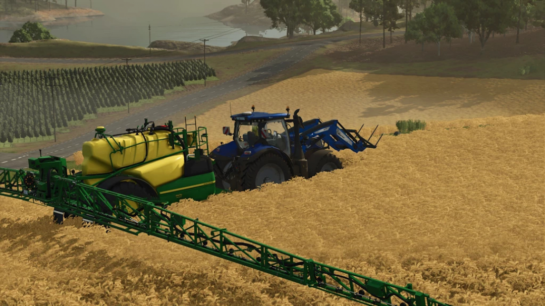 Farming Simulator 25 mod: John Deere Precision Farming Sprayers 1.2.0.0, tractor with yellow sprayer tank spraying crops in a field.