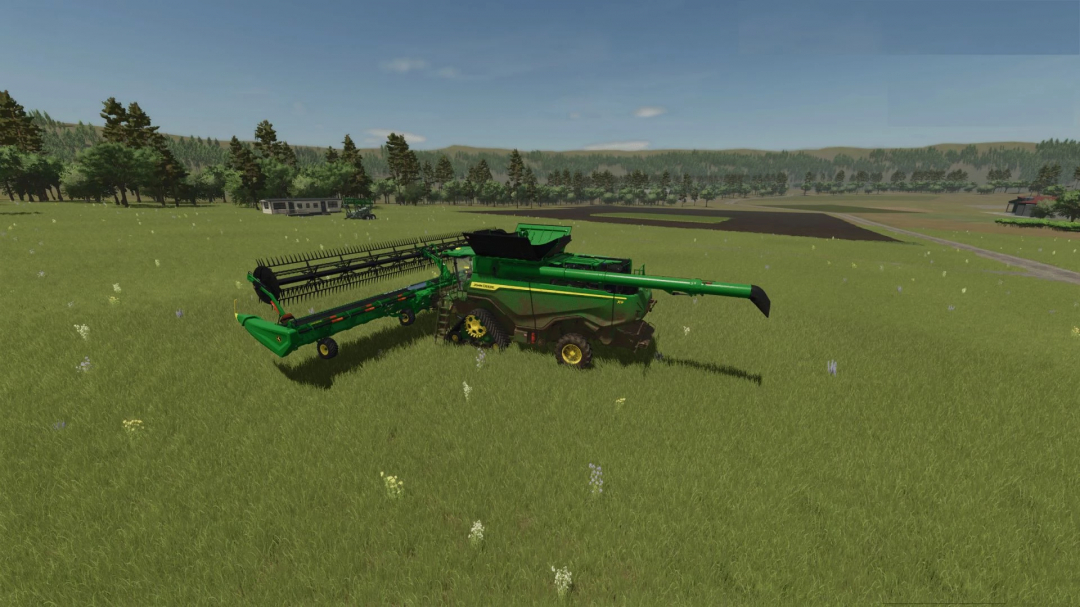 Farming Simulator 25 mod featuring the John Deere X9 HD50F combine harvester in a lush field.