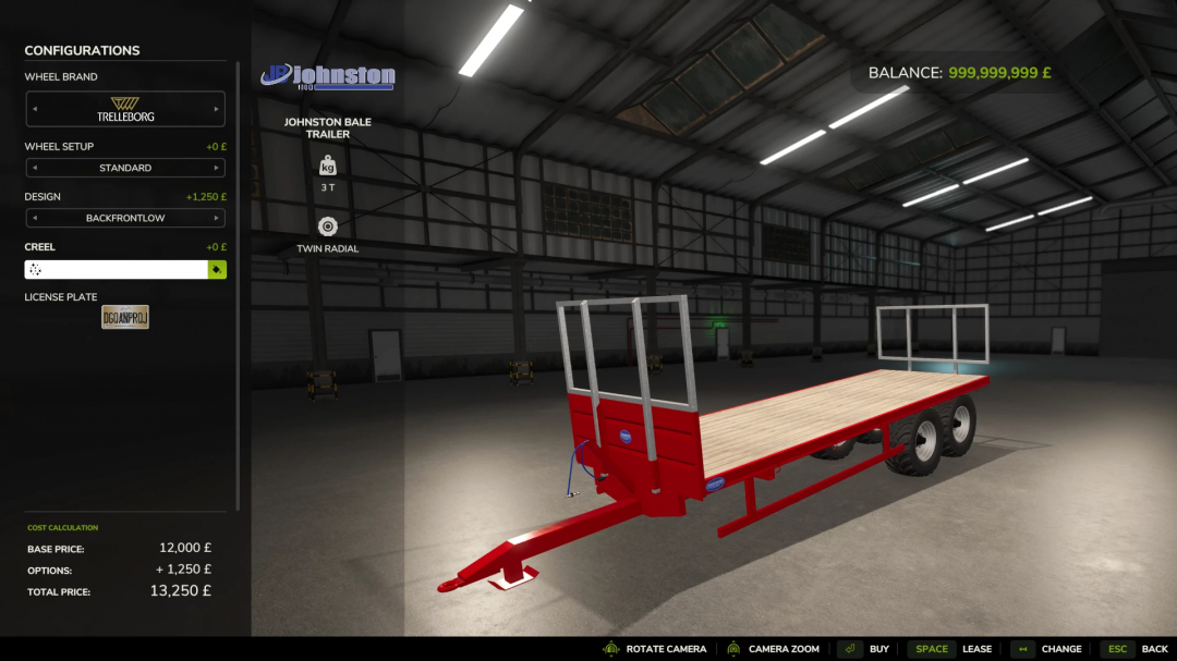 Farming Simulator 25 mod: Johnston BaleTrailer v1.0.0.0 with red frame, wood deck, tire setup, twin radial wheels, in the modal workshop.
