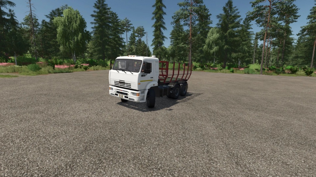 FS25 mods: Kamaz 6460 Forest mod in Farming Simulator 25, featuring a white truck with red cargo frame on a gravel lot with forest background.