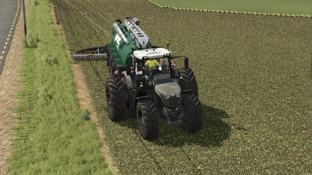 Farming Simulator 25 mod featuring the Kaweco Opti-Ject 800 1.1.0.0 seed drill mounted on a tractor, used for precision planting in FS25 game.