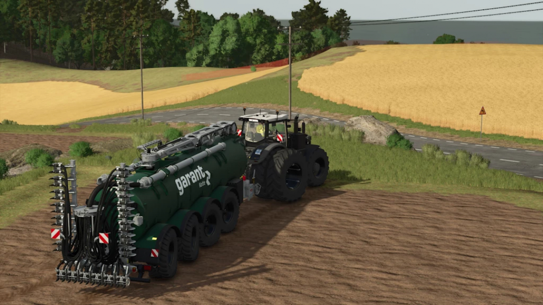 Farming Simulator 25 mod: Tractor with a large green Garant Opti-Ject 800 1.1.0.0 fertilizer spreader attachment in a field.