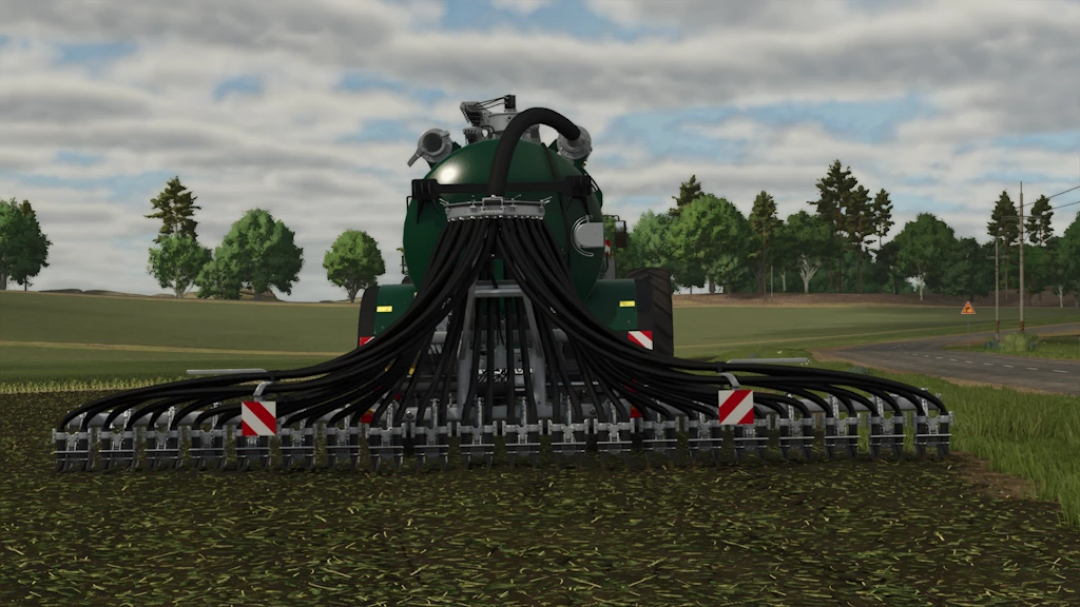 FS25 mod: Kaweco Opti-Ject 800 1.1.0.0, a seedling planter attachment for Farming Simulator 25, shown on farmland with trees and cloudy sky.