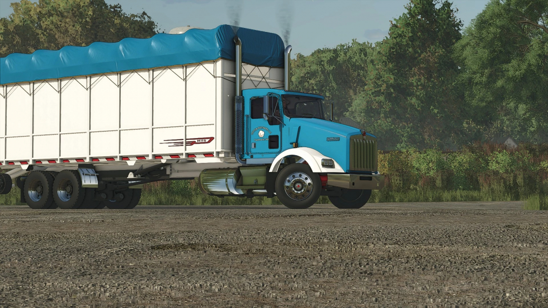 Farming Simulator 25 mod featuring a blue Kenworth KW900 CottonTruck with white cargo area and blue cover.
