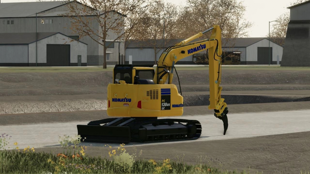 Farming Simulator 22 mod: Komatsu PC138 excavator on a construction site, used for digging and earthmoving tasks.