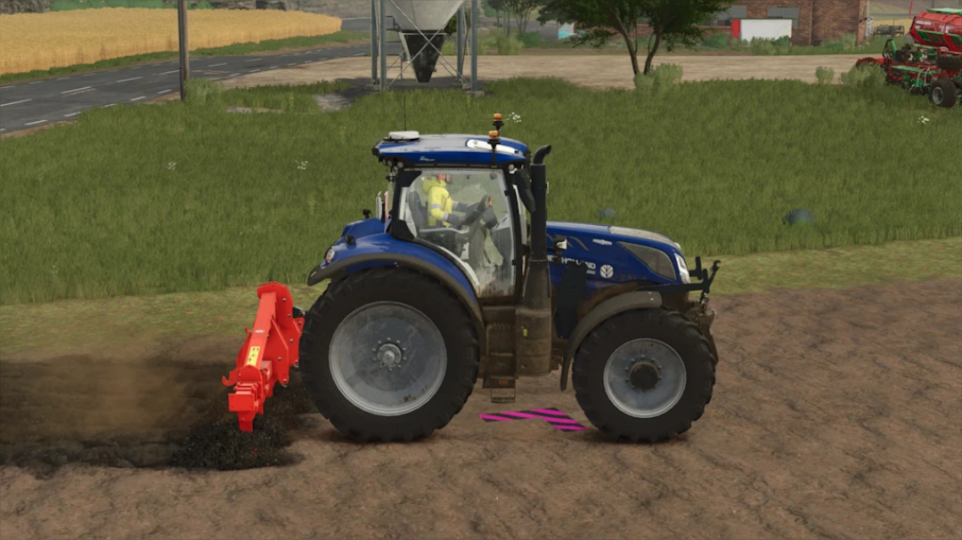 Farming Simulator 25 mod featuring a blue tractor with a red plow attachment cultivating soil, part of the Kuhn DC401 Plow mod pack.