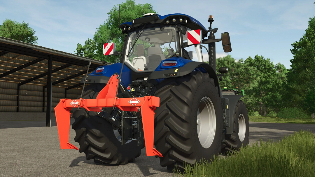 Farming Simulator 25 mod featuring a blue tractor with a Kuhn SO 270 attachment, viewed from the rear in a outdoor farm setting.