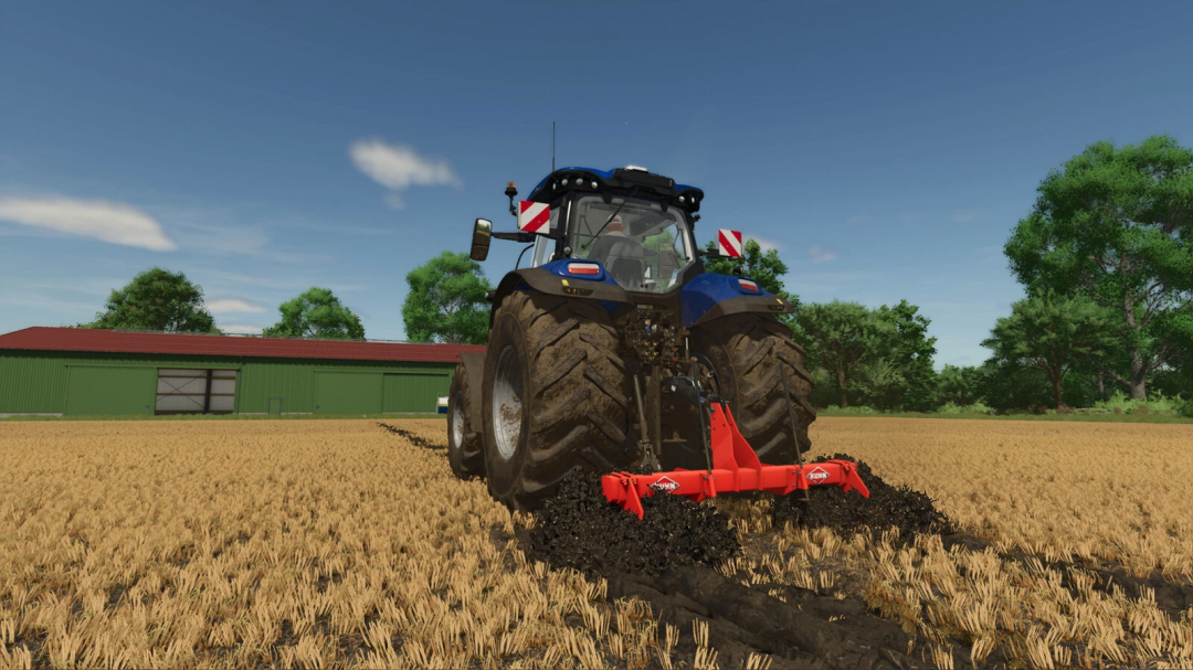 Farming Simulator 25 mod: blue tractor cultivating soil with Kuhn SO 270 v1.0.0.0 attachment on a farm field.
