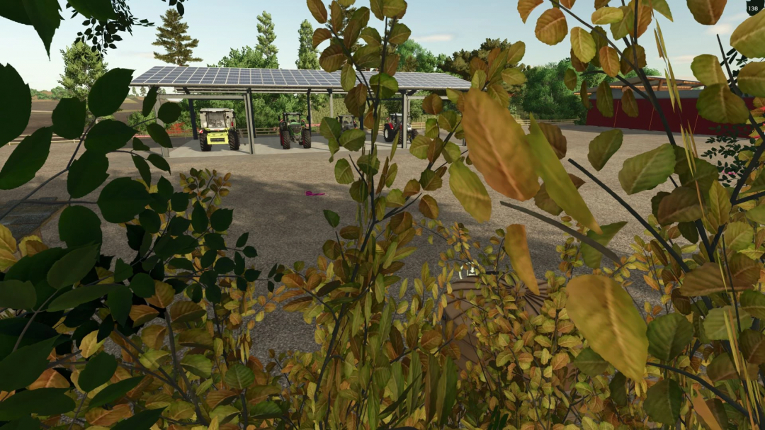 Farming Simulator 25 mod scene with tractors under solar panels, viewed through autumn foliage in Farming Simulator 25.