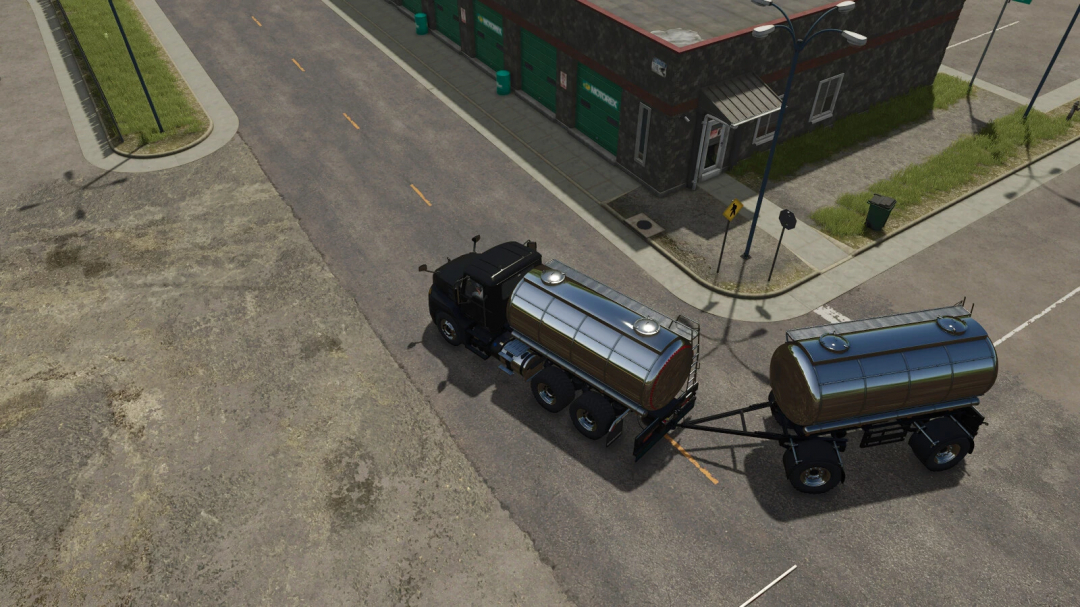 Farming Simulator 25 mod showing a liquids handling truck train in an urban environment.