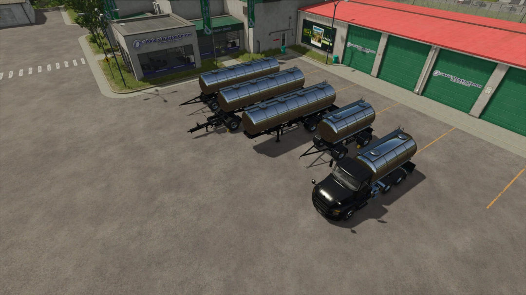 Farming Simulator 25 mod image of a liquids handling truck train with four tanks parked outside Axle's Tractor Center.