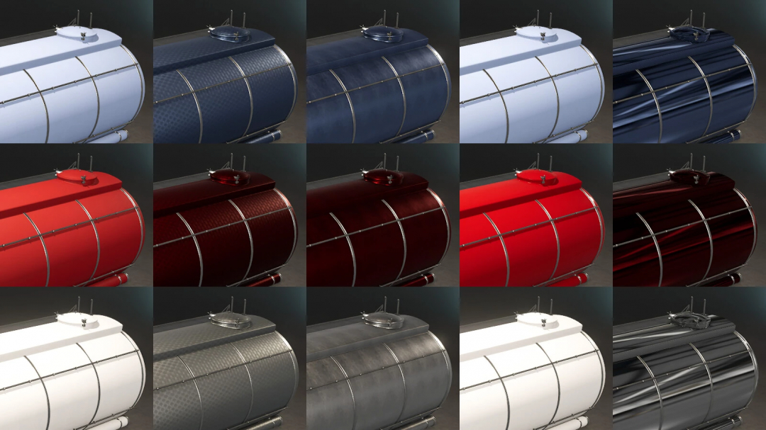 Farming Simulator 25 mod: Liquids Handling Truck Train v1.0.0.0 with various color textures for enhanced gameplay realism.